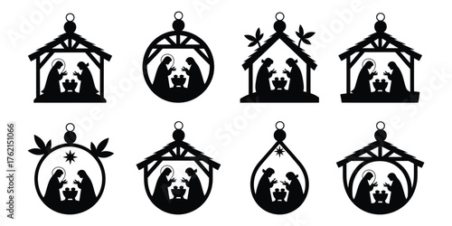 Holy night of birth of child jesus christ silhouette scene from religion christianity nativity scene. Biblical Religious History of Catholics. Cut for scrapbooking and print. Vector illustration. Pro 