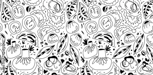 A seamless outline pattern for coloring with different types of dumplings, manti, and gedza