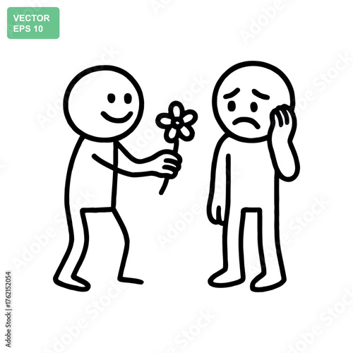 Stick figure offers flower to sad figure a small act of kindness banner advertisement