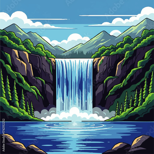 Digital illustration of a serene waterfall cascading into a lake surrounded by lush greenery and majestic mountains under a blue sky with fluffy white clouds.