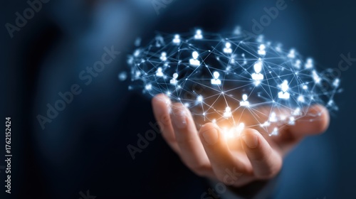 Networking in the palm: Illustrating the global connection, a hand cradles a network of interconnected individuals, symbolizing collaboration and the power of human connection.