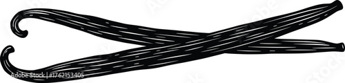 A high-resolution black silhouette of two vanilla beans crossed over each other, presented as a clean vector graphic on a white background, perfect for culinary or flavor-related designs