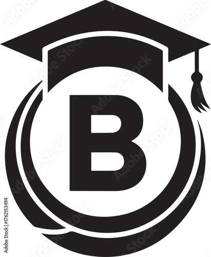 Black graduation cap emblem with bold 'b' inside circular design symbolizing academic achievement and knowledge acquisition isolated on transparent background