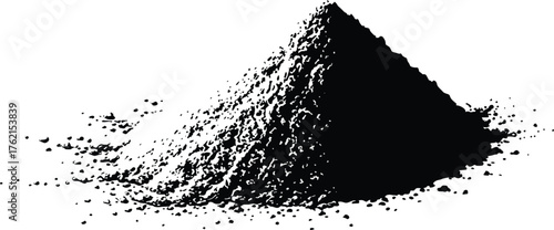 A high-resolution black silhouette vector illustration of a pile of powder. This isolated graphic element shows a heap of dark granular material, like dust, charcoal, or soil, on a white background