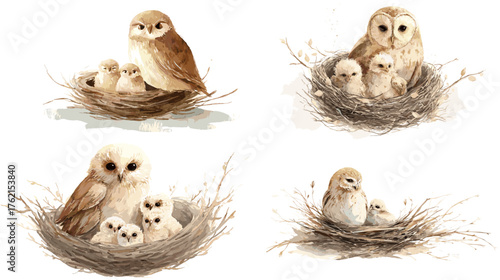 Watercolor illustration of owl family sitting in nest. Gentle brown tones with soft brushwork, showing baby owlets cuddling with parents. Perfect for nature decor or woodland nursery design.