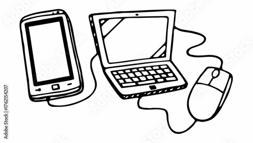 Doodle illustration of smartphone tablet computer and mouse vector graphics scalable eps