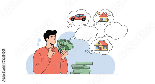 Man holding money and thinking about buying a car and houses in thought bubbles