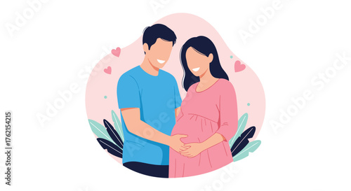 Illustration of a man and a pregnant woman with hands on her stomach and hearts around