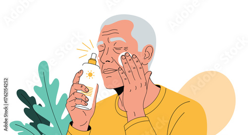 An older man applying sunscreen to his face with a cotton pad for skin protection