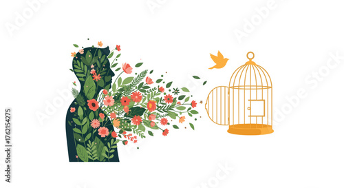 Silhouette of a person filled with flowers and leaves next to an open birdcage