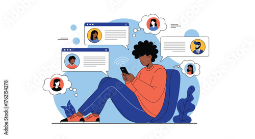 A person using a smartphone surrounded by profile icons and speech bubbles vector