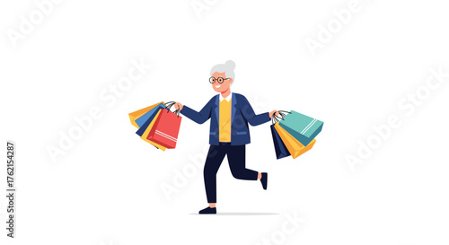 An elderly woman with glasses running happily with shopping bags in both hands