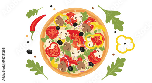 A flat lay illustration of a pizza with vegetables and herbs on a white background