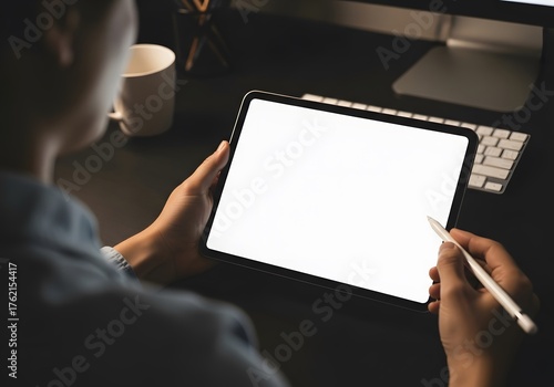 Person Using Stylus Pen on Blank Tablet Screen Mockup Digital Artist Drawing Design App