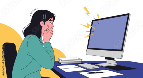 Woman with hands on face crying looking at computer with lightning bolt graphics