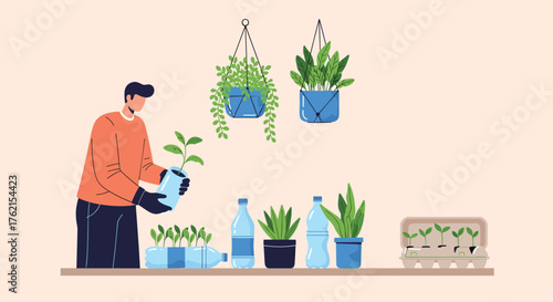 Man planting seedling in recycled plastic bottle with hanging plants indoors scene
