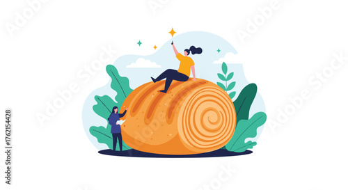 Illustration of two women near a large pastry roll with foliage and a star icon
