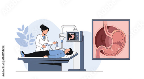 A doctor performing endoscopy on a patient with stomach image displayed on screen