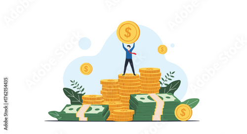 A man standing on a pile of coins holding a large coin with money and plants around