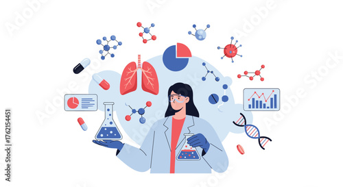 Illustration of a female scientist with beakers and medical and scientific icons