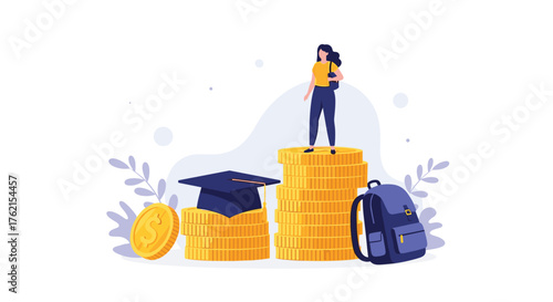 Illustration of a woman standing on coins with a graduation cap and backpack near by