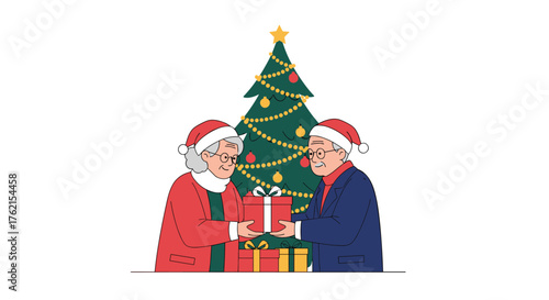 An elderly couple exchanging christmas gifts in front of a decorated christmas tree