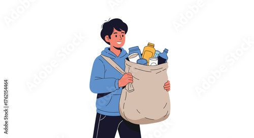 Cartoon man carrying a large bag filled with various plastic containers and bottles