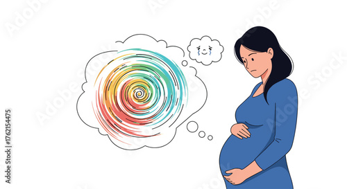 Pregnant woman with a sad expression and a thought bubble showing a colorful spiral