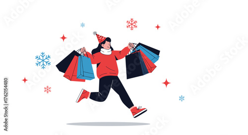 Woman running with shopping bags wearing a hat and surrounded by snowflakes and stars