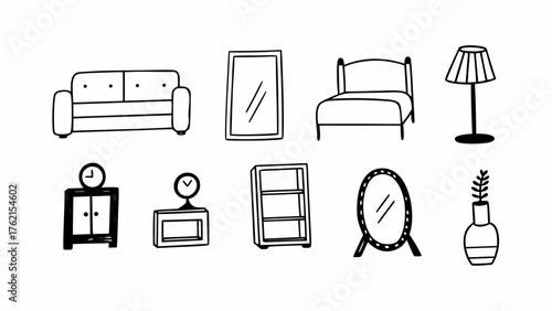Hand drawn vector set of 10 home furniture and decor items
