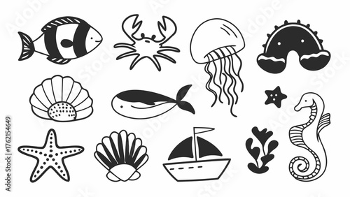Doodle set of 10 sea icons fish starfish crab vector illustration