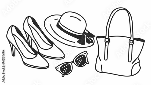 Stylish vector fashion accessories doodle collection shoes hat sunglasses bag