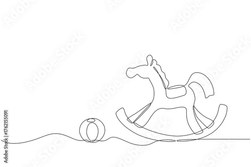 Minimalist continuous one line drawing of a rocking horse and toy ball, symbolizing childhood innocence and simplicity in playful design, Vector Editable stroke