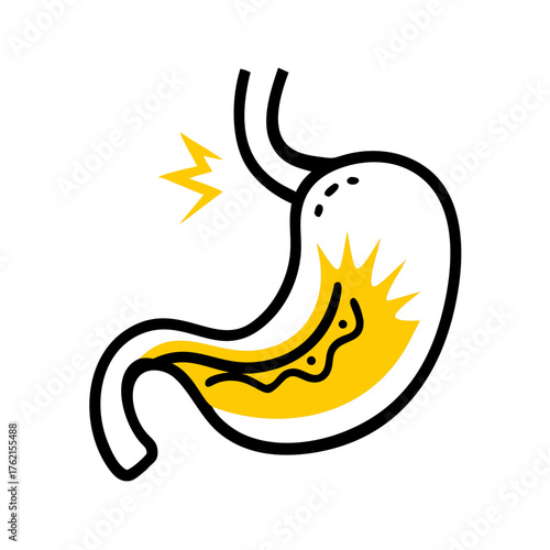 An illustration of a stomach experiencing pain or discomfort, with yellow highlights and jagged lines. Ideal for blogs on digestive health or stomach issues.