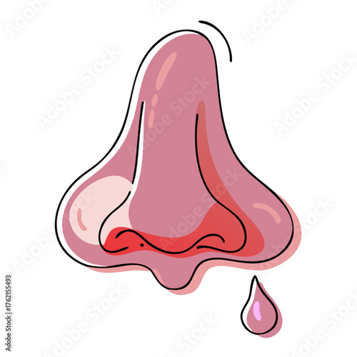A cartoon illustration of a red, runny nose with a dripping droplet, symbolizing a cold or allergies. Ideal for blogs on health, sickness, or allergy relief.
