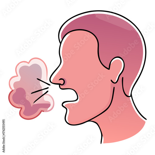 A person coughing or sneezing, with visible expulsion, symbolizing illness or airborne particles. Ideal for blogs on health, hygiene, or respiratory issues.