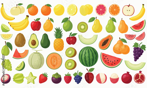 Huge Collection of Tropical Fruits. Variety of Fresh Organic Food, Healthy Eating Icons, Mix of Berries, Citrus, Melon, and Exotic Ingredients.