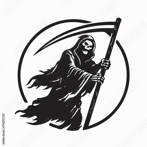 Hooded Grim Reaper Silhouette Vector Holding Scythe on white background