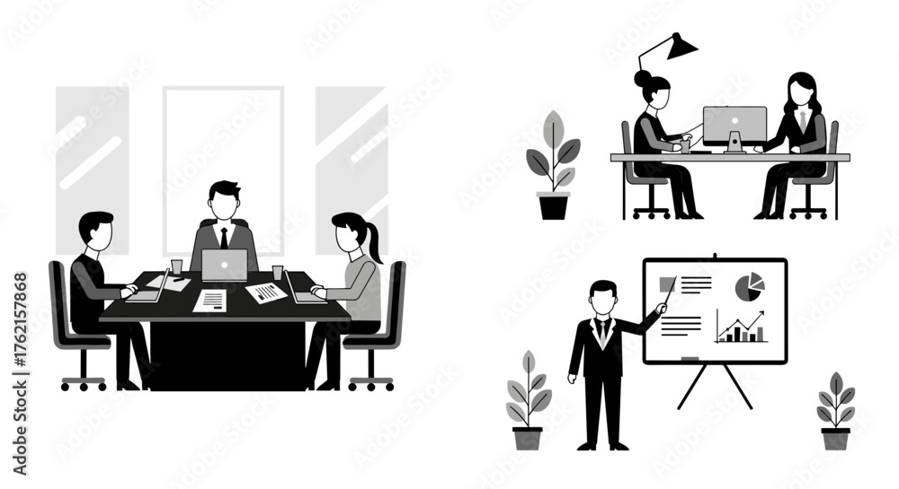 Fototapeta premium Dynamic business team collaborates, presents data, and strategizes in a modern workplace