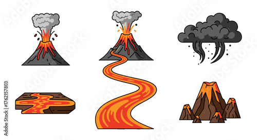 Dynamic volcano eruption illustrations showing lava flow, smoke and geological power