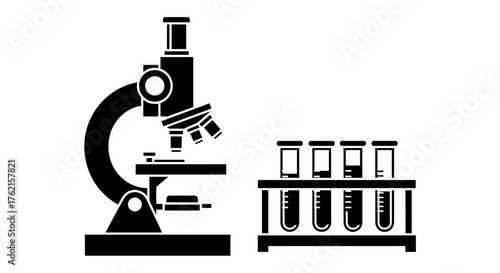 Professional microscope and test tubes for scientific research and medical analysis