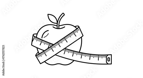 Healthy apple wrapped with measuring tape symbolizes diet, weight loss, and fitness goals