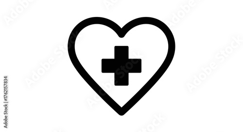 Black heart shape with a plus sign symbolizing healthcare, love, and compassion