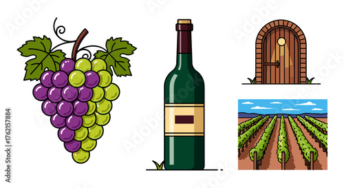 Elegant wine concept with vineyard, bottle, grapes, and cellar door illustration