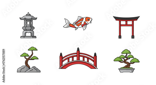 Vibrant Japanese icons serene garden elements koi bridge lantern bonsai torii gate