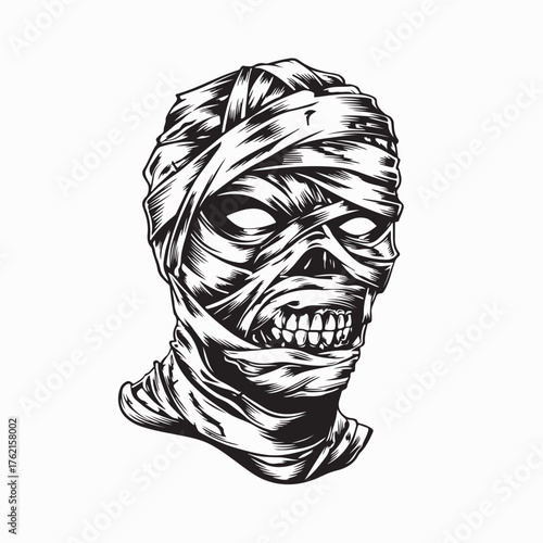 Spooky Ancient Mummy Face Vintage Vector Design on white background