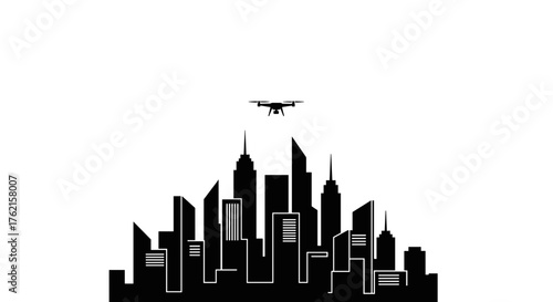Drone soaring above a modern city skyline with sleek black silhouettes and white sky