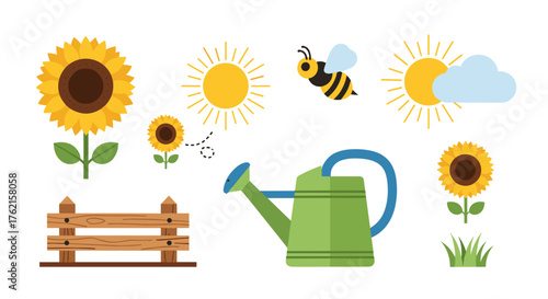 Vibrant sunflowers, happy bee, and sunshine create a cheerful garden scene for spring