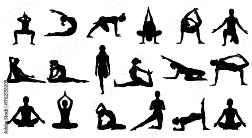 Diverse yoga poses for wellness and mindfulness, achieving balance and inner peace