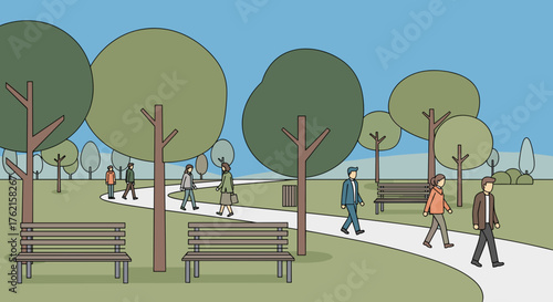 People strolling through park on a sunny day with benches and lush greenery